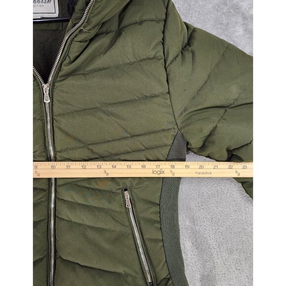Snobbish Puffer Jacket Womens Large Olive Green Black Faux Fur Hooded Full Zip - Picture 5 of 16